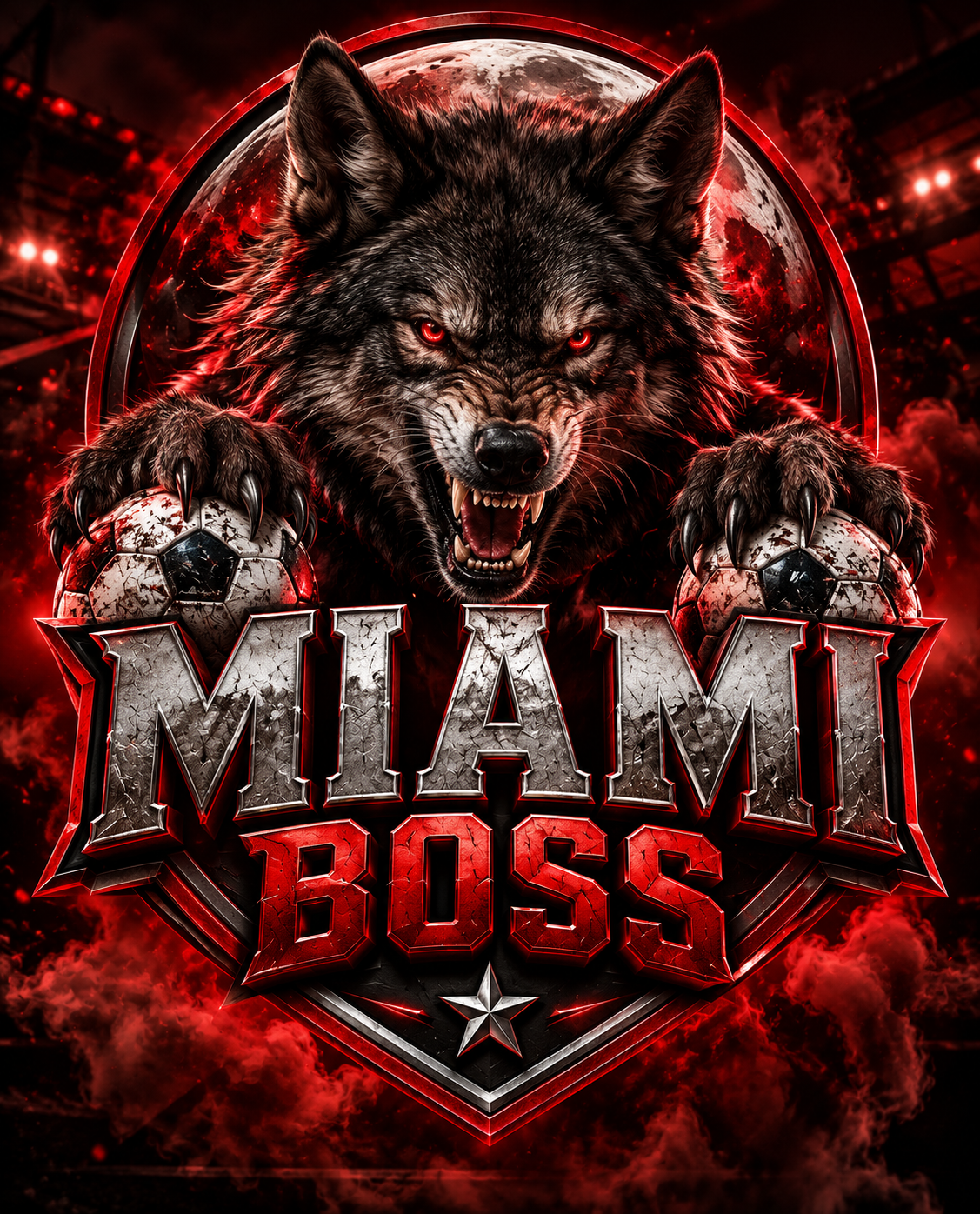 Escudo oficial do Miami Boss FC com o lobo e a bola