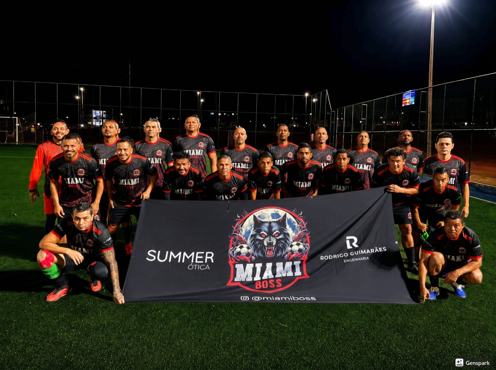 Elenco oficial do Miami Boss FC reunido no campo com a bandeira do clube